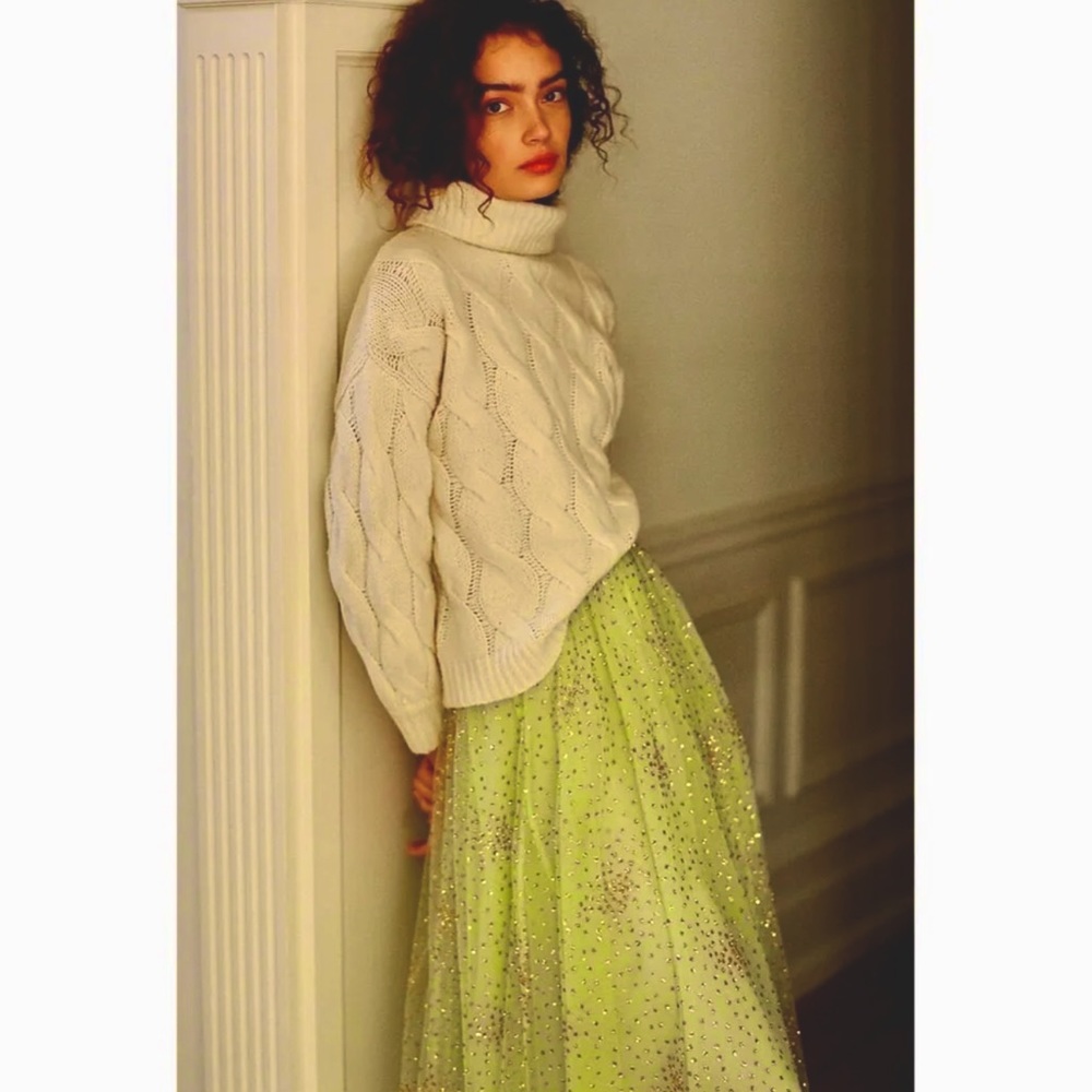 Anthropologie Sydney Mint Shimmer Tulle Skirt with Gold Metallic Glitter. NWOT